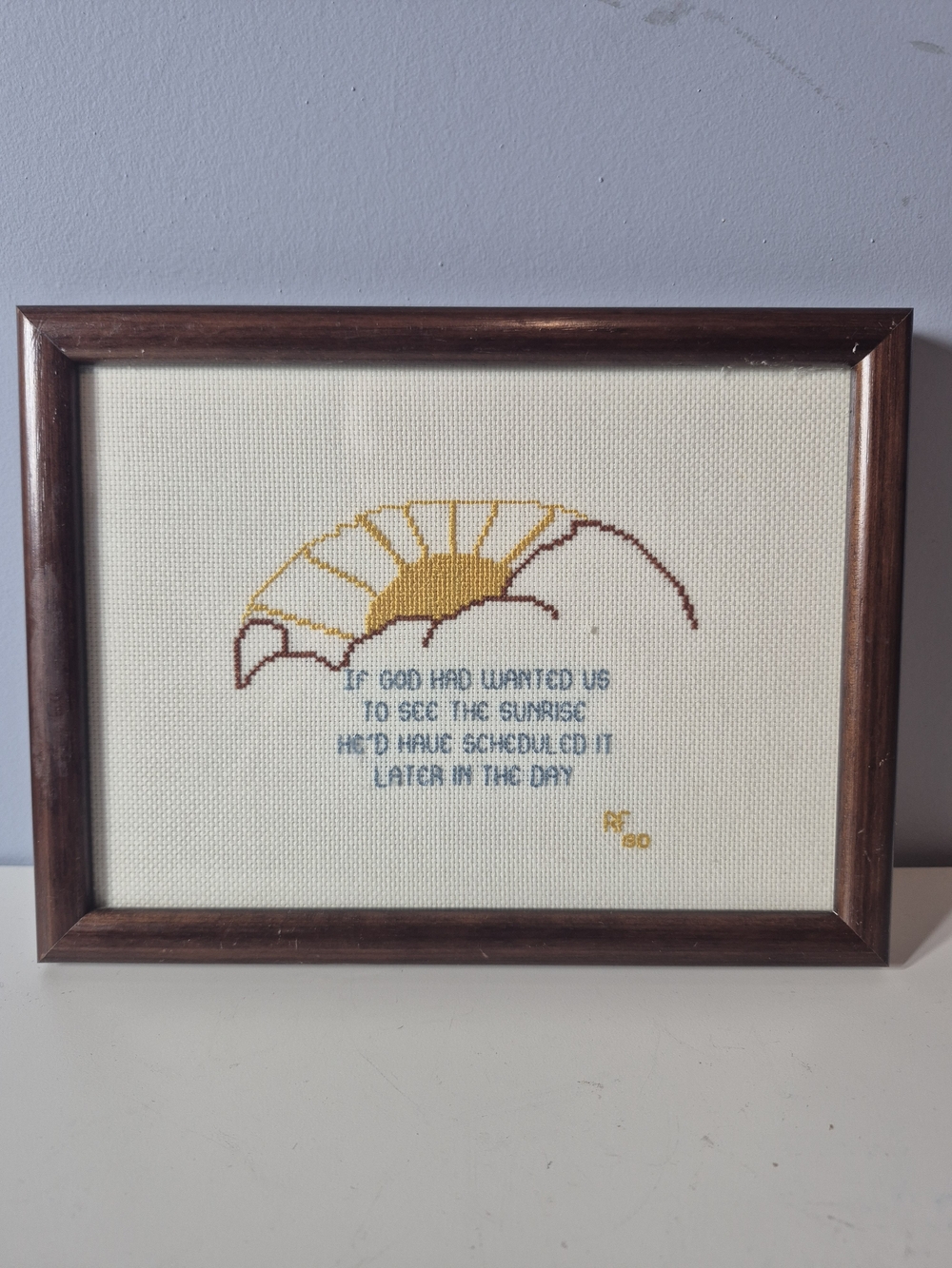 Vintage 1980 Framed Cross Stitch Sunrise Quote